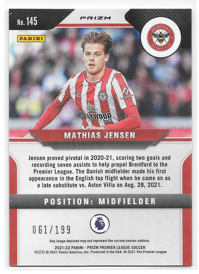 Mathias Jensen (Brentford FC) Red Prizm /199 RC Panini Prizm Premier League 21-22