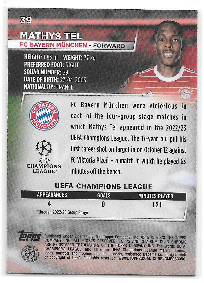 Mathys Tel (FC Bayern Munchen) Blue Prism Refractor Topps Stadium Club Chrome 22-23