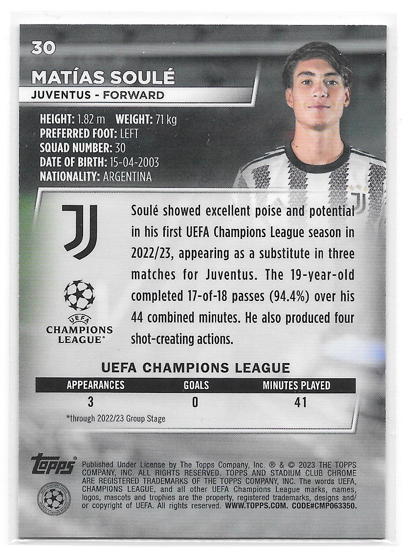 Matias Soule (Juventus) Pink/Red Electric Charge RC Topps Stadium Club Chrome 22-23