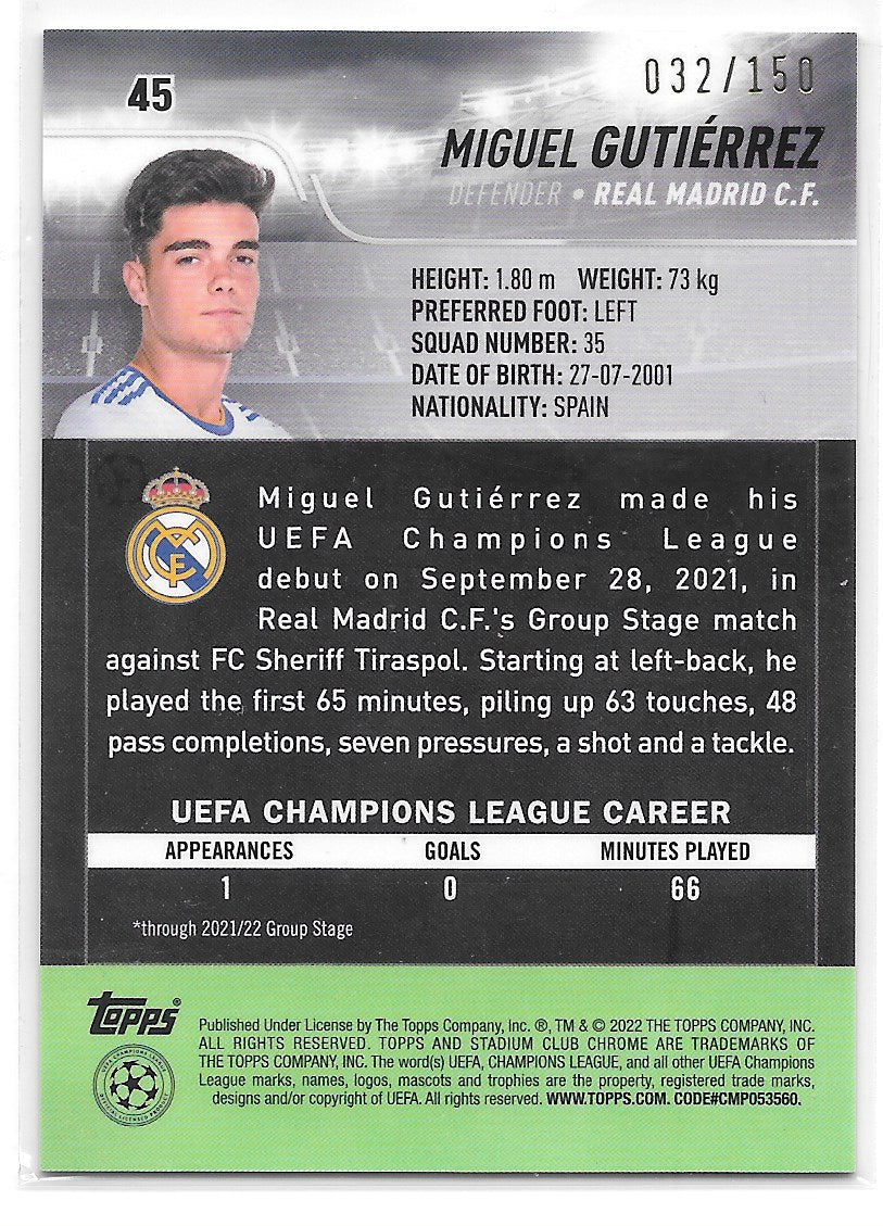 Miguel Gutierrez (Real Madrid CF) Green Refractor /150 RC Topps Stadium Club Chrome 21-22