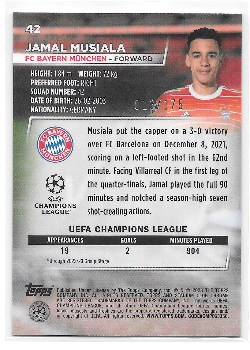 Jamal Musiala (FC Bayern Munchen) Neon Green X-Fractor /175 Topps Stadium Club Chrome 22-23