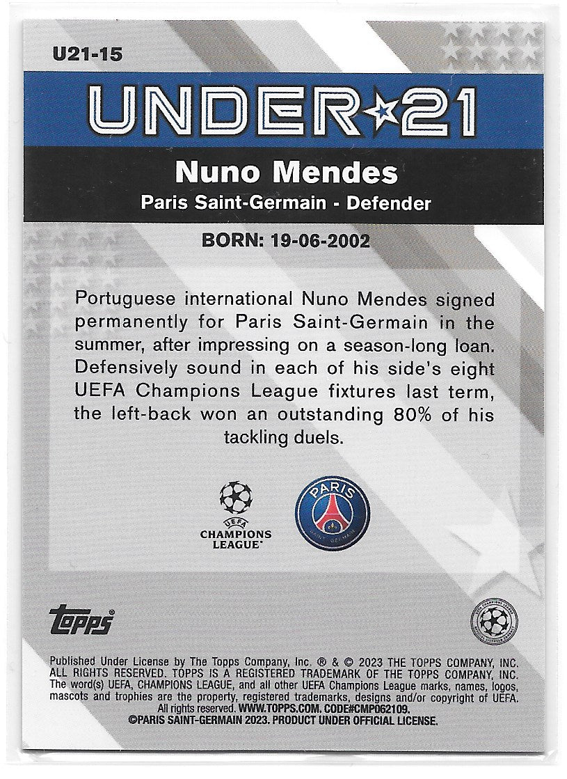 Nuno Mendes (PSG) Under 21 Stars Topps Merlin Chrome UCC 22-23