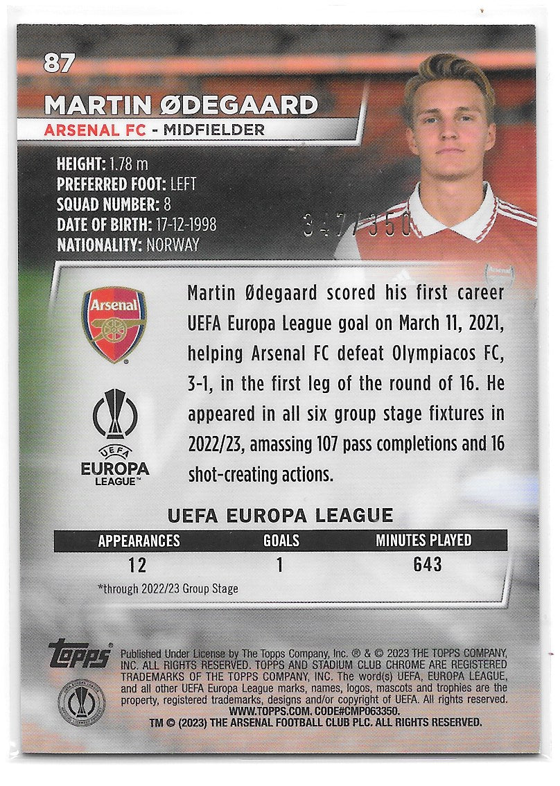 Martin Odegaard (Arsenal FC) Black & White Prism /350 Topps Stadium Club Chrome 22-23