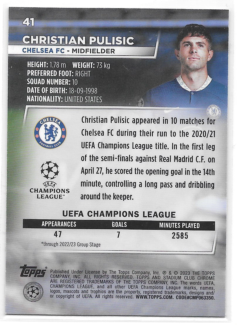 Christian Pulisic (Chelsea FC) Blue Prism Refractor Topps Stadium Club Chrome 22-23