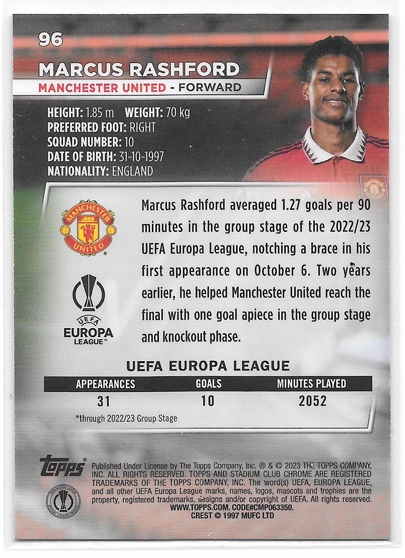 Marcus Rashford (Manchester United) Blue Prism Refractor Topps Stadium Club Chrome 22-23