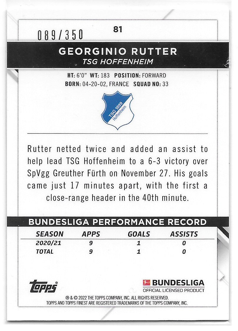 Georginio Rutter (TSG Hoffenheim) Yellow Wave Refractor /350 RC Topps Finest Bundesliga 21-22