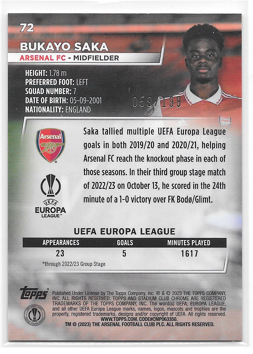 Bukayo Saka (Arsenal) Night Vision Prism /199 Topps Stadium Club Chrome 22-23