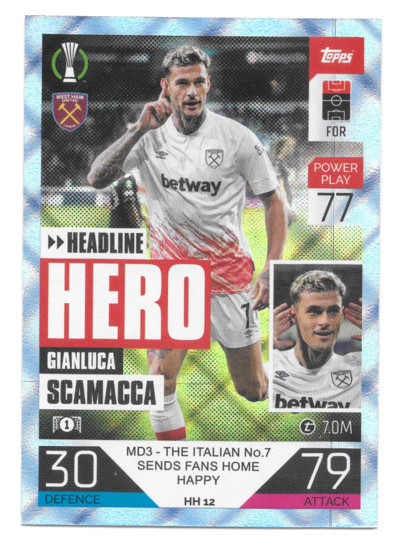 Gianluca Scamacca (West Ham United FC) Crystal Blue Headline Hero Match Attax 2023