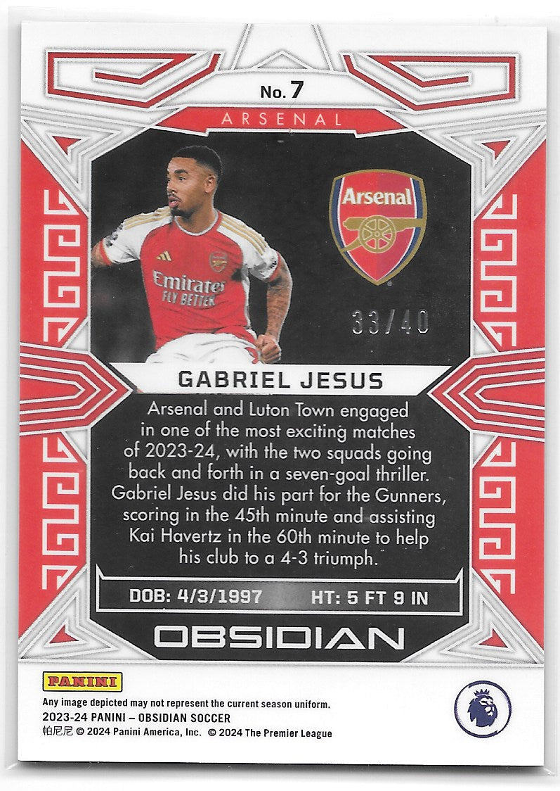 Gabriel Jesus (Arsenal) Electric Etch Orange /40 Panini Obsidian Soccer 2023-24