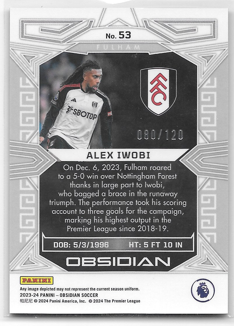 Alex Iwobi (Fulham) 080/120 Panini Obsidian Soccer 2023-24
