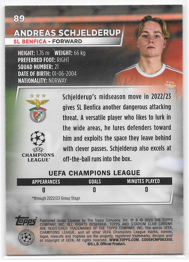 Andreas Schjelderup (SL Benfica) Blue Prism Refractor RC Topps Stadium Club Chrome 22-23