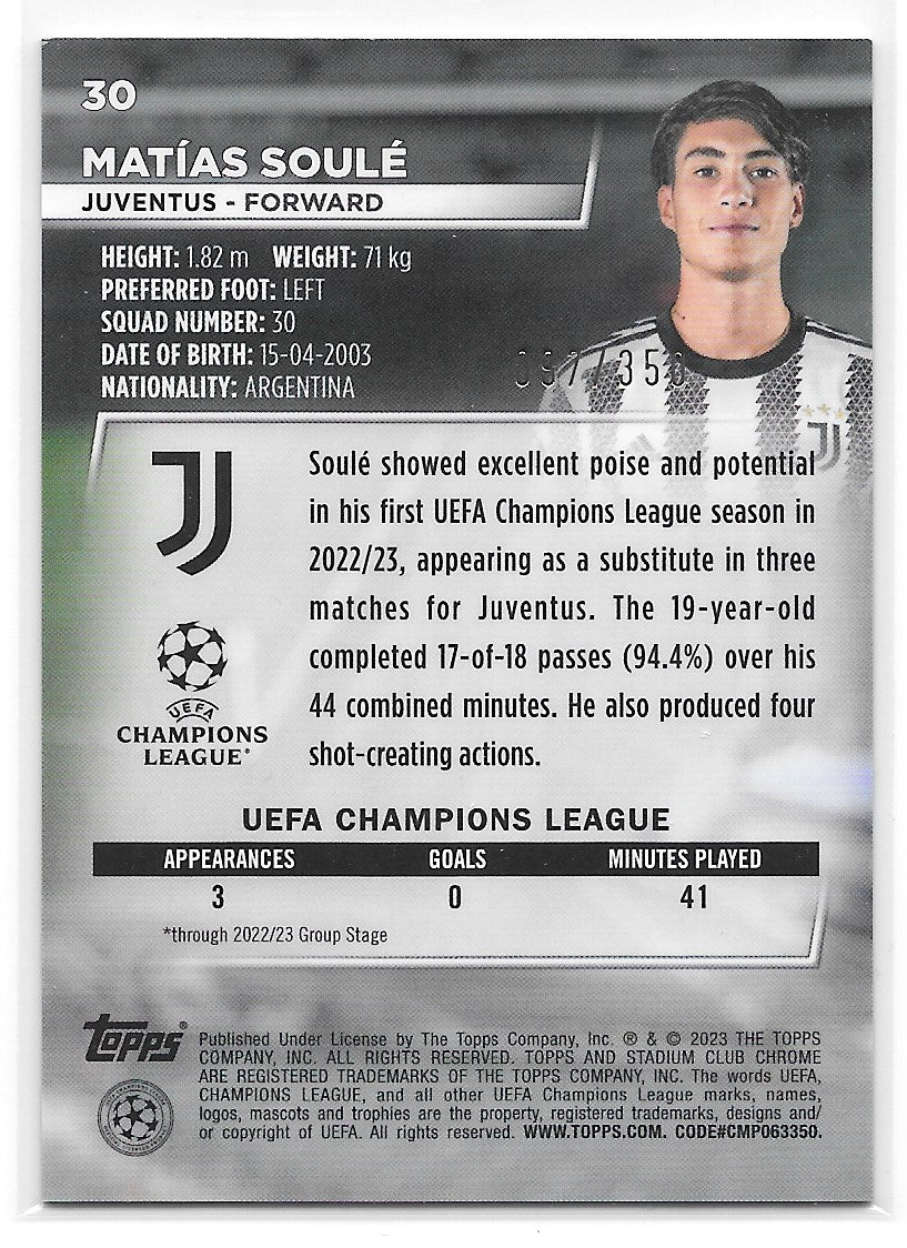 Matias Soule (Juventus) Black & White Prism Refractor /350 RC Topps Stadium Club Chrome UCC 22-23