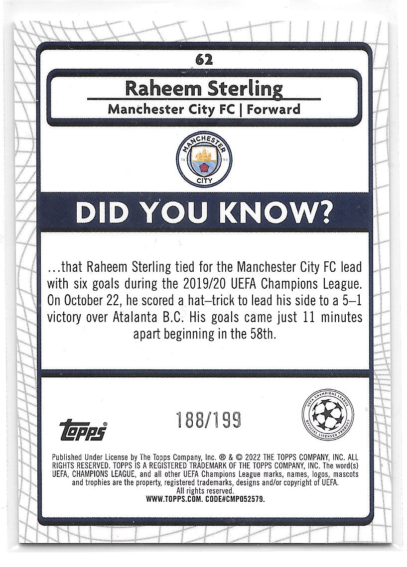 Raheem Sterling (Manchester City) Aqua Speckle /199 Topps Merlin Chrome 21-22