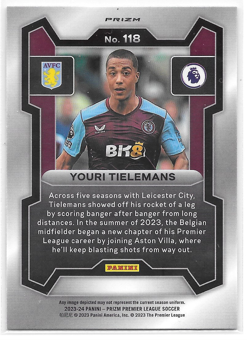 Youri Tielemans (Aston Villa) Silver Panini Prizm Premier League 23-24