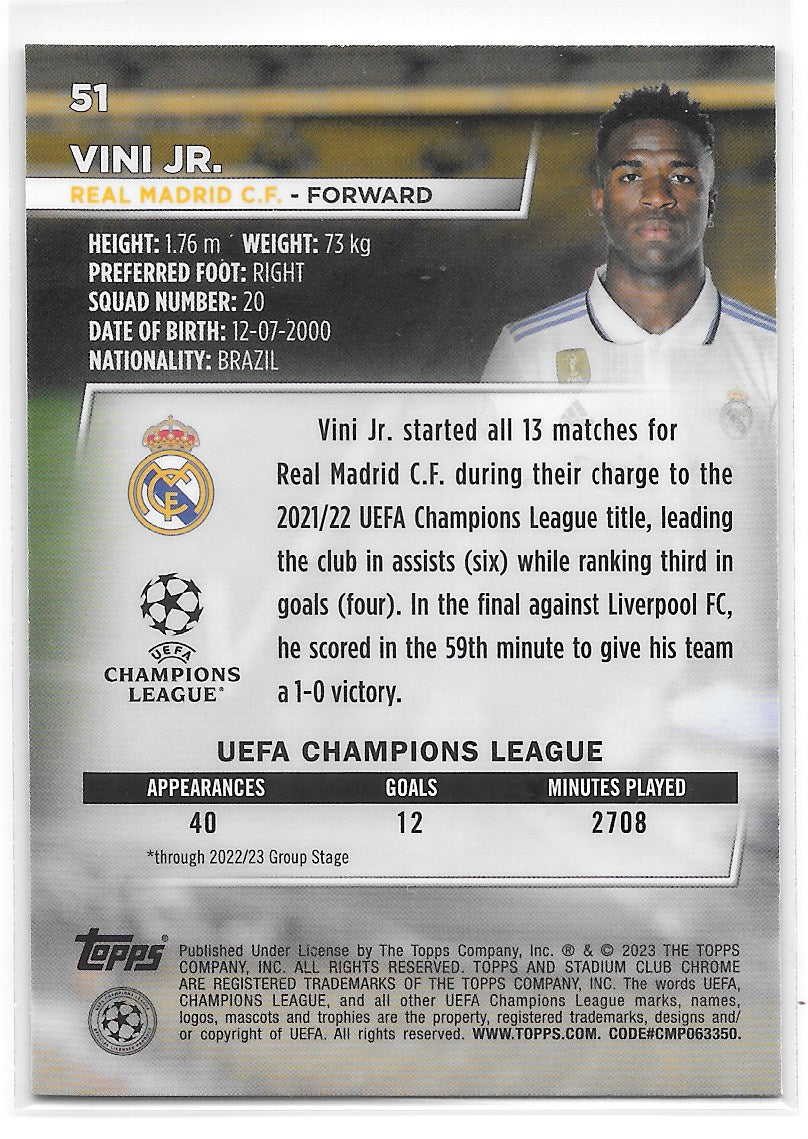 Vinicius Jr (Real Madrid) Blue Prism Refractor Topps Stadium Club Chrome 22-23